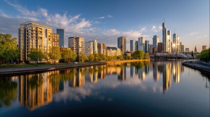 Obraz premium Serene Cityscape Reflection at Sunset Over the River with Modern Buildings and Cloudy Sky