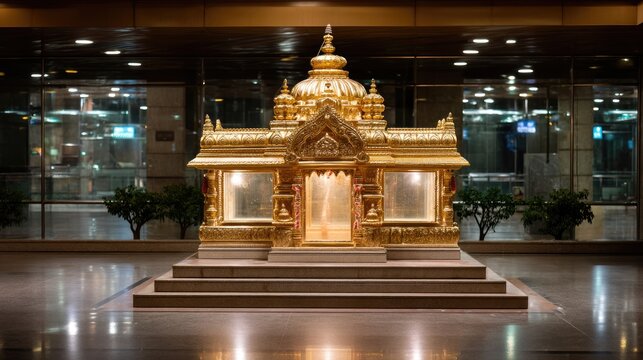 Illuminated ornate golden temple display in a modern urban setting with sleek architecture and reflective surfaces at night