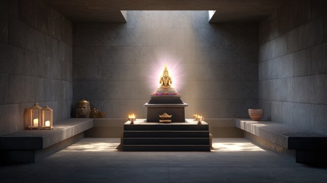 Peaceful and Serene Buddha Statue in Meditative Space with Soft Light and Calm Atmosphere