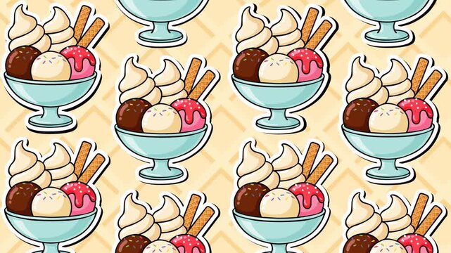 Delicious ice cream sundaes with chocolate, vanilla, and strawberry scoops, creamy soft serve, and crispy waffle sticks arranged in a seamless repeating pattern