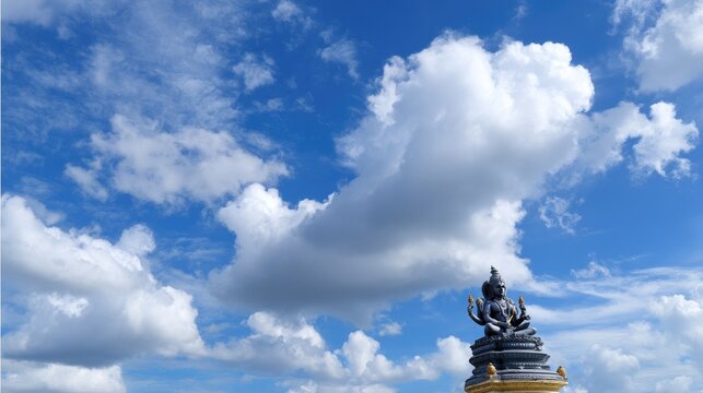 Majestic statue under a stunning blue sky with fluffy clouds, symbolizing peace and tranquility in a serene environment