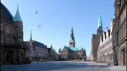 Obraz premium A Scenic View of Historic European Architecture in a Quaint Town Square with Blue Sky and Birds