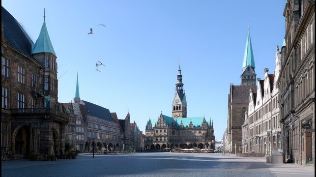 A Scenic View of Historic European Architecture in a Quaint Town Square with Blue Sky and Birds