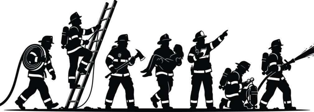 Firefighter silhouettes collection featuring brave firemen in rescue operations isolated on white background