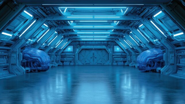 Industrial sci-fi lab with blue lights.