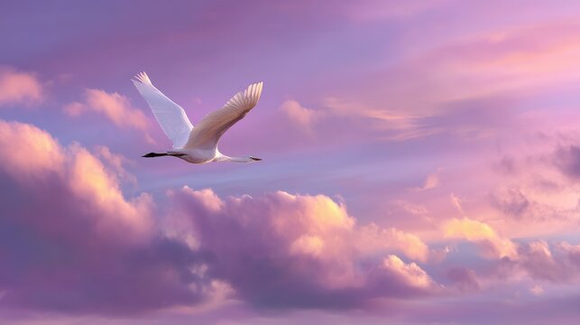 Elegant White Bird Flying Gracefully Against a Stunning Pink and Purple Sky with Soft Clouds at Dusk