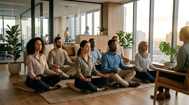 Diverse colleagues practicing mindfulness meditation in a modern office