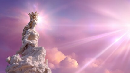 Fototapeta premium Ethereal Statue of a Royal Woman Surrounded by Radiant Light and Pastel Clouds in a Dreamlike Sky