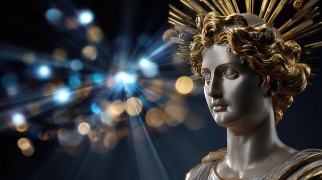 Exquisite Sculpture of a Classical Bust with Radiant Gold Details and Artistic Background Lights