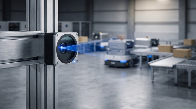 Industrial smart camera with blue laser beam scanning boxes and autonomous mobile robot in a modern automated warehouse logistics center