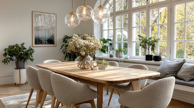 Dining room interior in modern minimalist style clean lines cozy furniture natural daylight Scandinavian-inspired home decor elegant neutral palette stylish residential design