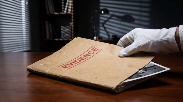 A gloved hand holds an old, worn manila folder labeled evidence on a wooden desk in a dimly lit office with blinds in the background