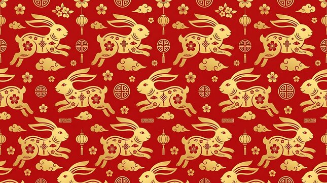 Golden lunar new year rabbit pattern on festive red background