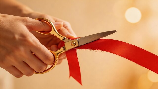 Hands cutting red ribbon with scissors