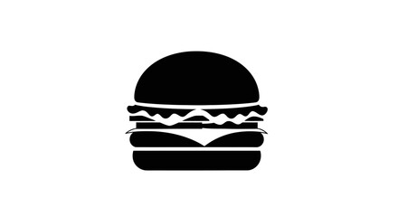 Fototapeta premium Hamburger icon depicts a classic fast food meal with layers of meat, cheese, and vegetables on a simple white background.