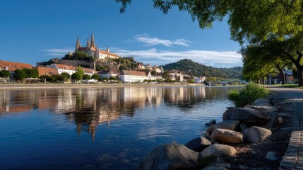 Fototapeta premium Scenic View of Historical Town with Castle and River Reflections under Clear Blue Sky