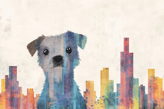 Curious puppy in a colorful cityscape