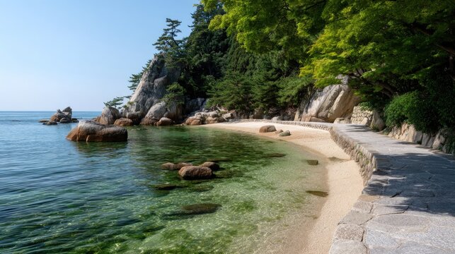 Serene Beach Scene with Crystal Clear Water, Rocky Outcrops, and Lush Greenery on a Sunny Day