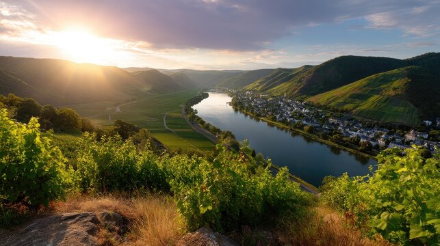 Scenic View of River Valley at Sunrise with Lush Vineyards and Green Hills in Background