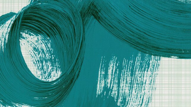 Close-up abstract rich solid teal brushstroke background on light checkered grid base, dry textured brush with white gaps exposing under grid, looping strokes rising bottom-left and wide arched marks