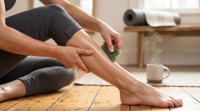 Woman using a jade gua sha tool for selfmassage on her lower leg in a cozy home setting with a steaming cup of tea