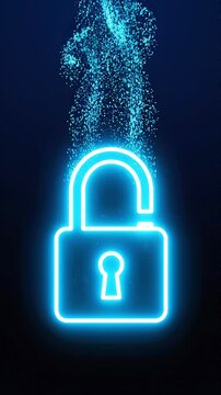 Neon Blue Glowing Unlock Icon Symbol Disintegrating Into Digital Particles on Dark Background for Cyber Security
