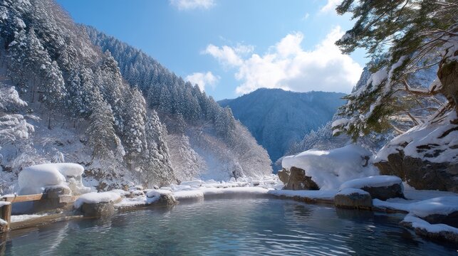 Serene Winter Landscape Featuring Snow-Covered Mountains and Tranquil Hot Springs Under Bright Blue Sky