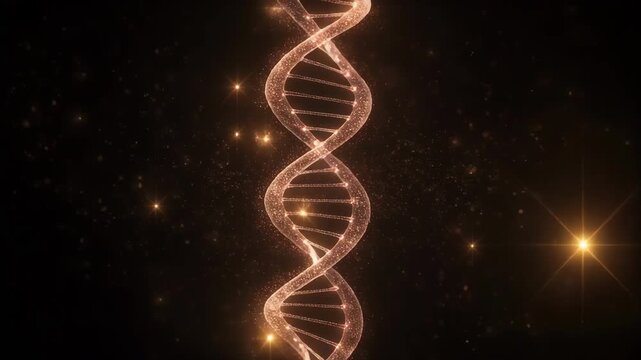 Glowing DNA double helix structure with particles on a dark background