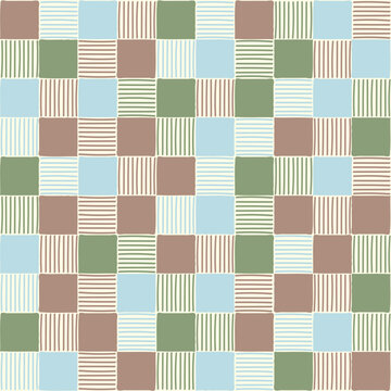 Seamless hand drawn checkered pattern with earth tone squares and stripes. Vector checkerboard grid background for japanese style fabric textile, modern wallpaper, ceramic tile wrap.