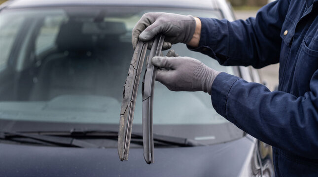 Mechanic holding an old wornout car windshield wiper blade next to a new one, comparing the condition of the rubber for replacement