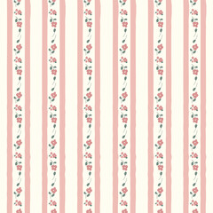 Fototapeta premium Cute floral seamless pattern background with vertical stripes, tiny pink flowers and green leaves on cream backdrop. Shabby chic hand drawn wallpaper, cottagecore fabric, wrapping paper design.