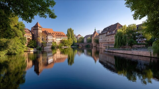 Serene View of Historic Buildings and Reflections on Calm Water in Nuremberg, Germany at Dawn