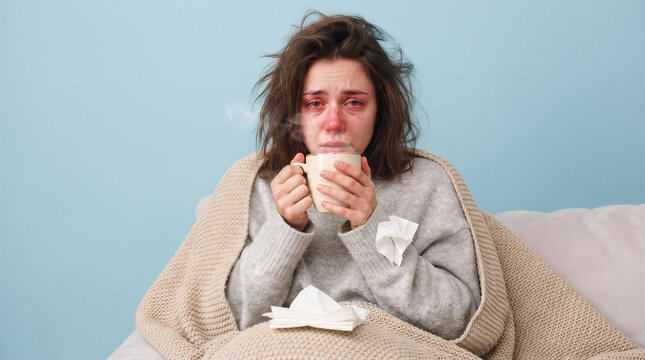 Sick young woman with red eyes and nose holding a steaming mug of hot tea wrapped in a beige blanket, feeling unwell with a cold or flu