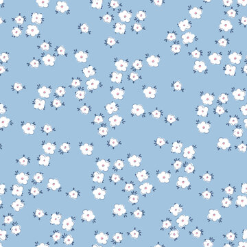 Cute floral seamless pattern background with tiny white flowers on light blue backdrop. Elegant hand drawn ditsy daisy wallpaper, romantic cottagecore fabric design, sweet wrapping paper.