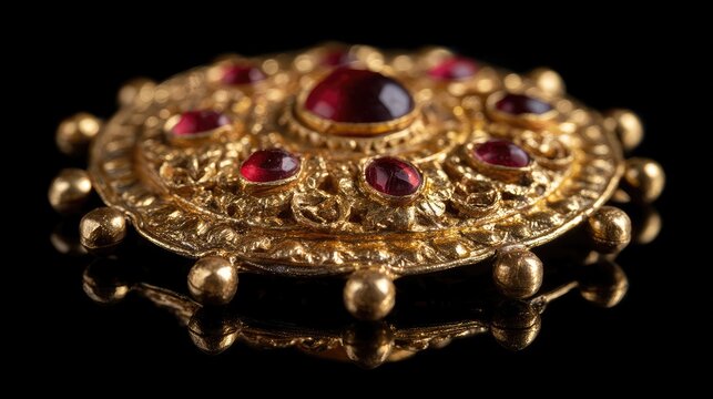 Intricately Designed Vintage Gold Brooch with Red Gemstones on Black Background