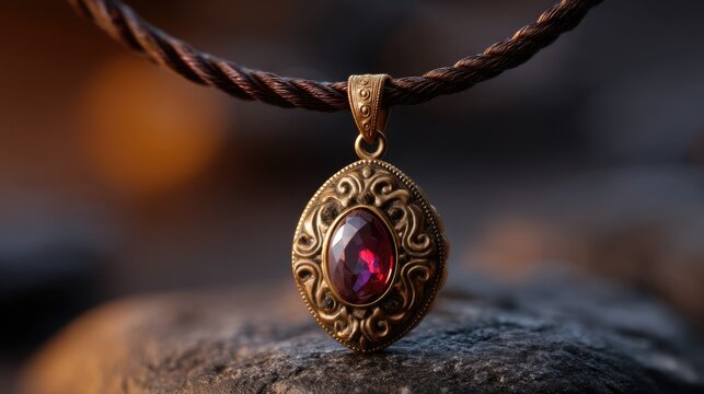 Intricate Antique Pendant with Red Gemstone on a Natural Stone Background in Soft Lighting