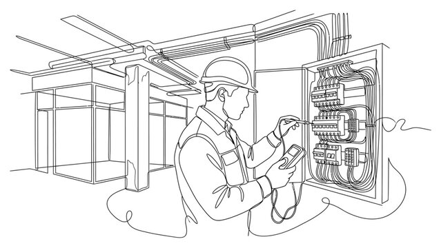 Continuous line drawing of an electrician working on a circuit breaker panel.