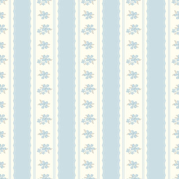 Cute floral seamless pattern background with blue and white vertical stripes. Hand drawn flower bouquet, vintage cottagecore wallpaper, french country fabric wrapping paper design.