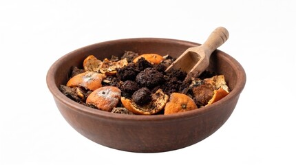 Fototapeta premium Decomposing orange shells, dense coffee pucks, and a small wooden scoop gathered in a handcrafted clay bowl on white, illustrating separated household scraps ready for natural garden recycling