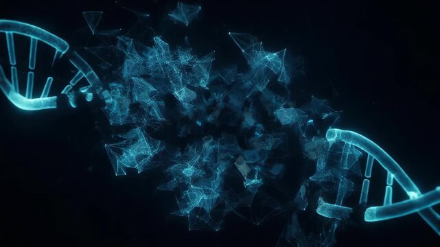 Glowing digital representation of a DNA double helix strand on dark background
