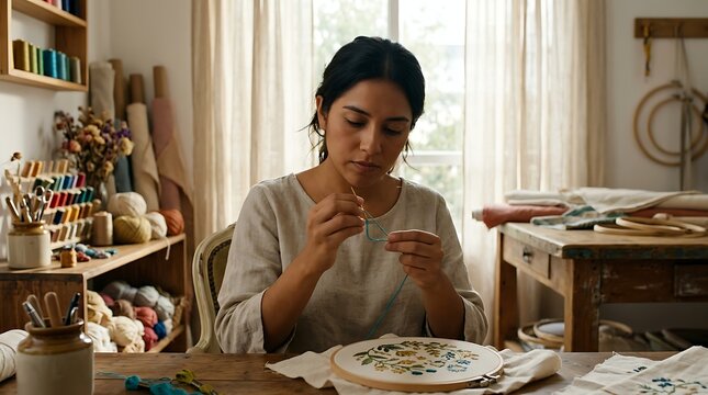 Young woman focusing on detailed floral embroidery in a sunlit studio