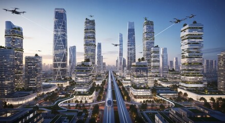 Obraz premium Futuristic Cityscape with Futuristic Architecture and Advanced Transportation