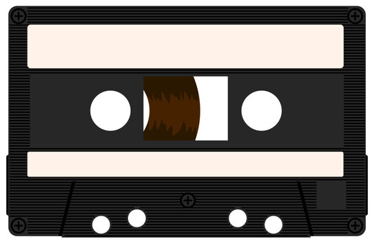 Retro style black audio cassette tape flat design illustration isolated on white background. Vintage 80s 90s music technology concept perfect for poster, print, nostalgia and retro theme design. vecto