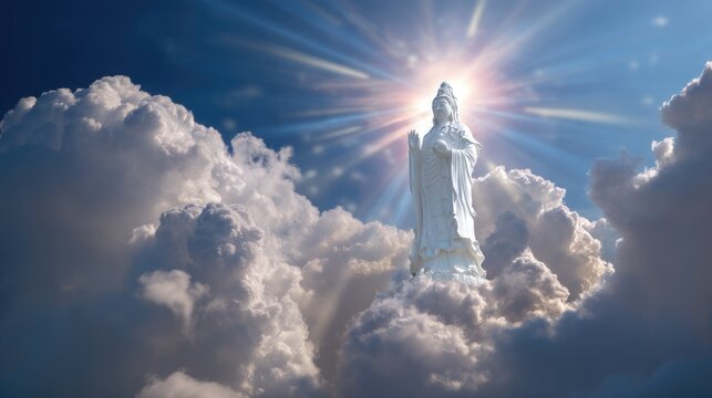 Serene Statue of Buddha Surrounded by Radiant Light and Majestic Clouds in a Tranquil Sky
