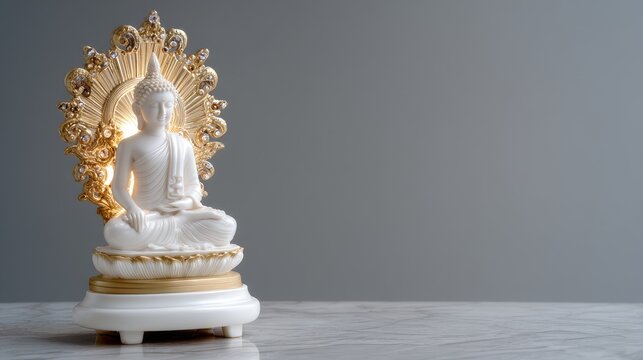 Elegant White Buddha Statue with Golden Details and Soft Lighting on Marble Surface