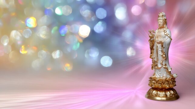 Elegant Statue of a Serene Figure Surrounded by Colorful Bokeh Background for Peaceful Atmosphere