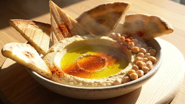 Delicious creamy hummus dip served in a bowl with toasted pita bread and paprika seasoning for an appetizer