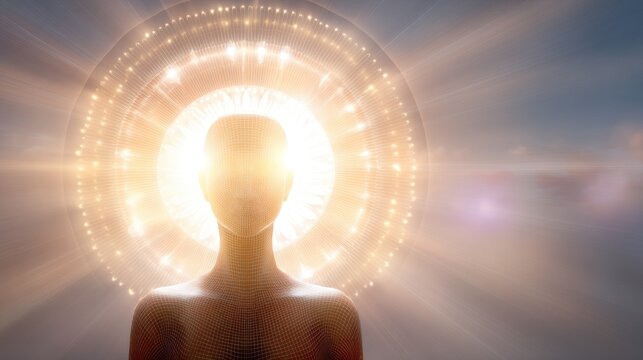 Human silhouette with radiant light effects representing enlightenment and spiritual awakening in a digital 3D environment