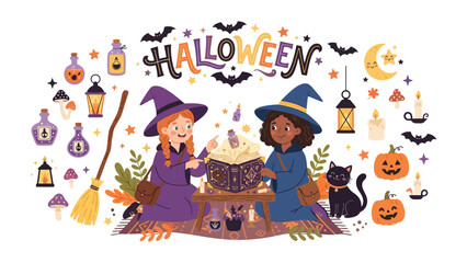 Naklejka premium Halloween Magic: Two young witches, adorned in pointed hats and cloaks, gather around an ancient spellbook, conjuring enchantment amidst a whimsical array of Halloween symbols, including pumpkins.