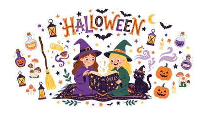 Fototapeta premium Children Reading Spells on Halloween Night: Two young witches in pointy hats read an ancient spellbook on a magic carpet, surrounded by pumpkins, bats, and potion bottles.